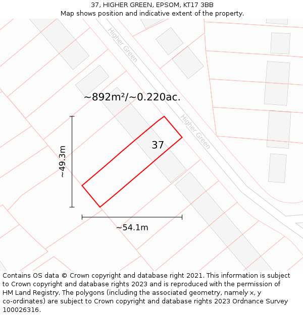 37, HIGHER GREEN, EPSOM, KT17 3BB: Plot and title map