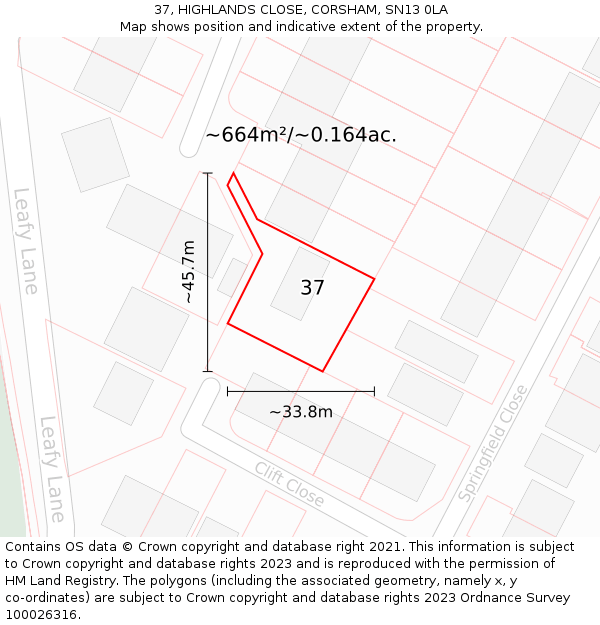 37, HIGHLANDS CLOSE, CORSHAM, SN13 0LA: Plot and title map