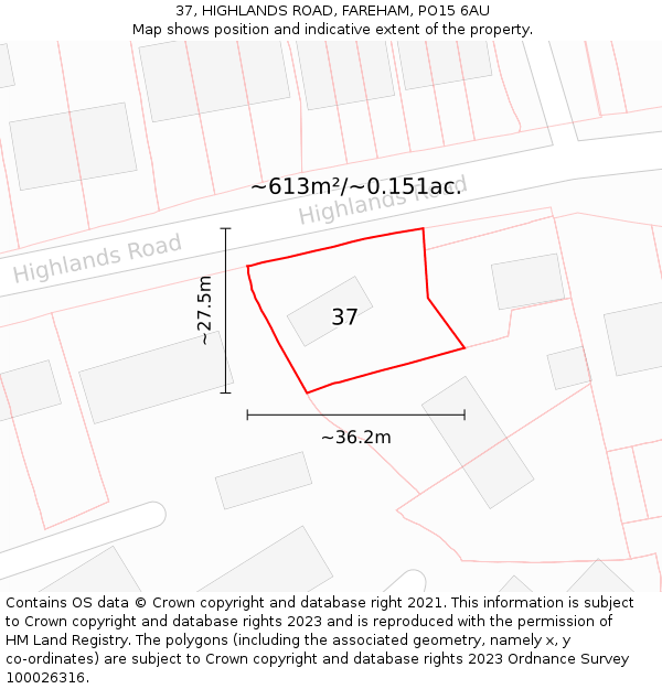 37, HIGHLANDS ROAD, FAREHAM, PO15 6AU: Plot and title map