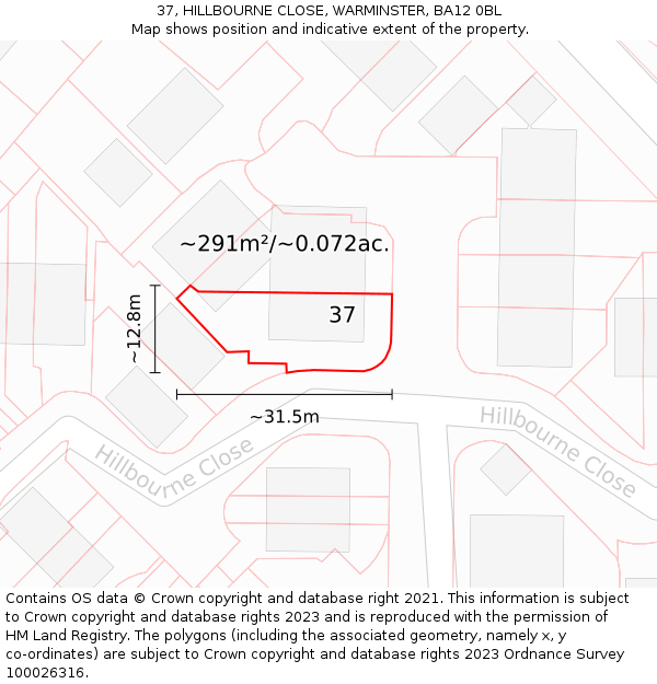 37, HILLBOURNE CLOSE, WARMINSTER, BA12 0BL: Plot and title map