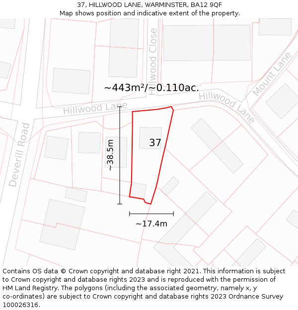 37, HILLWOOD LANE, WARMINSTER, BA12 9QF: Plot and title map