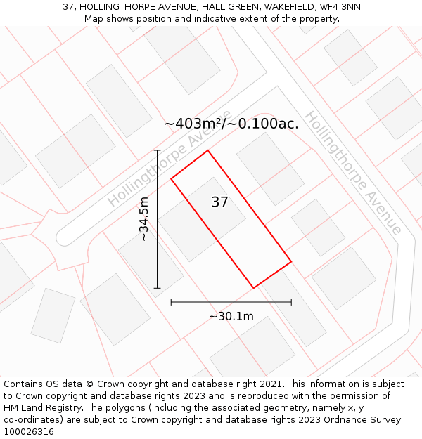 37, HOLLINGTHORPE AVENUE, HALL GREEN, WAKEFIELD, WF4 3NN: Plot and title map