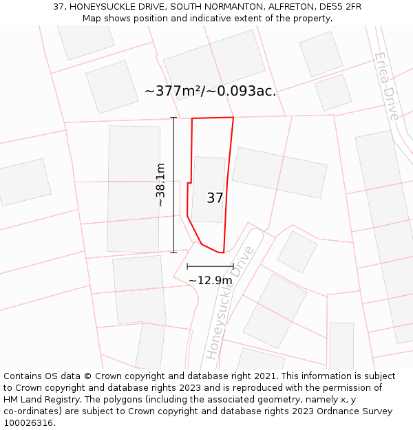 37, HONEYSUCKLE DRIVE, SOUTH NORMANTON, ALFRETON, DE55 2FR: Plot and title map