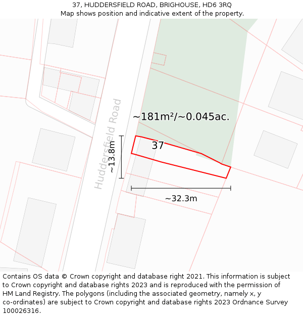 37, HUDDERSFIELD ROAD, BRIGHOUSE, HD6 3RQ: Plot and title map