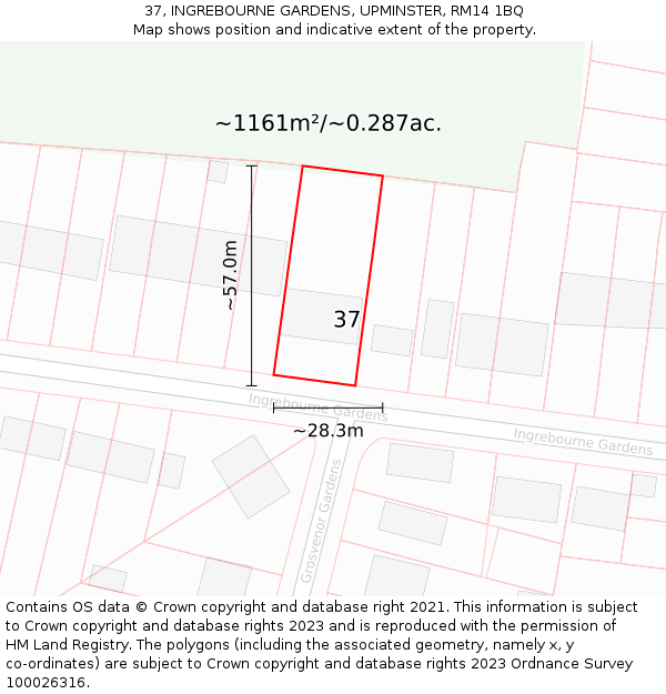 37, INGREBOURNE GARDENS, UPMINSTER, RM14 1BQ: Plot and title map