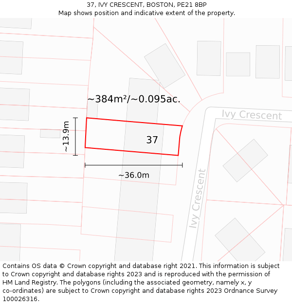 37, IVY CRESCENT, BOSTON, PE21 8BP: Plot and title map