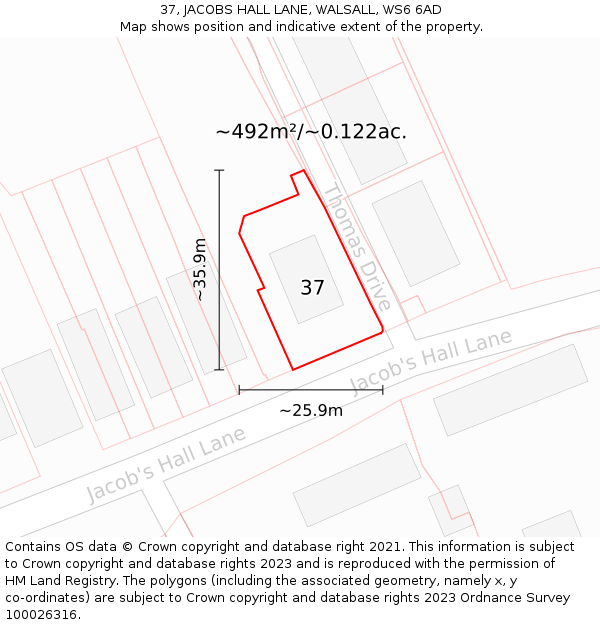 37, JACOBS HALL LANE, WALSALL, WS6 6AD: Plot and title map