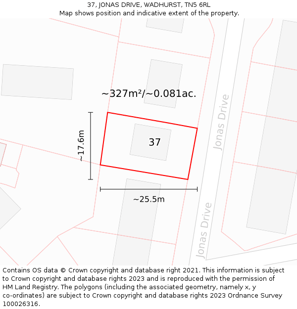 37, JONAS DRIVE, WADHURST, TN5 6RL: Plot and title map