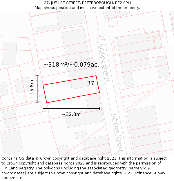 37, JUBILEE STREET, PETERBOROUGH, PE2 9PH: Plot and title map