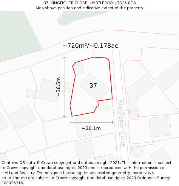 37, KINGFISHER CLOSE, HARTLEPOOL, TS26 0GA: Plot and title map