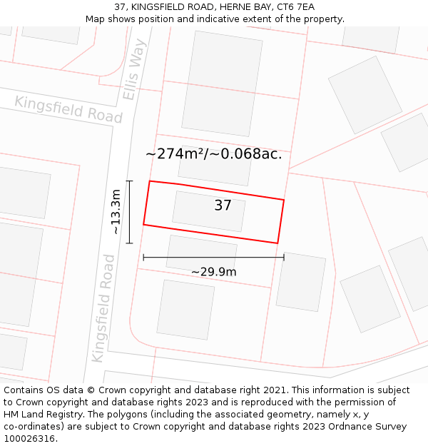 37, KINGSFIELD ROAD, HERNE BAY, CT6 7EA: Plot and title map