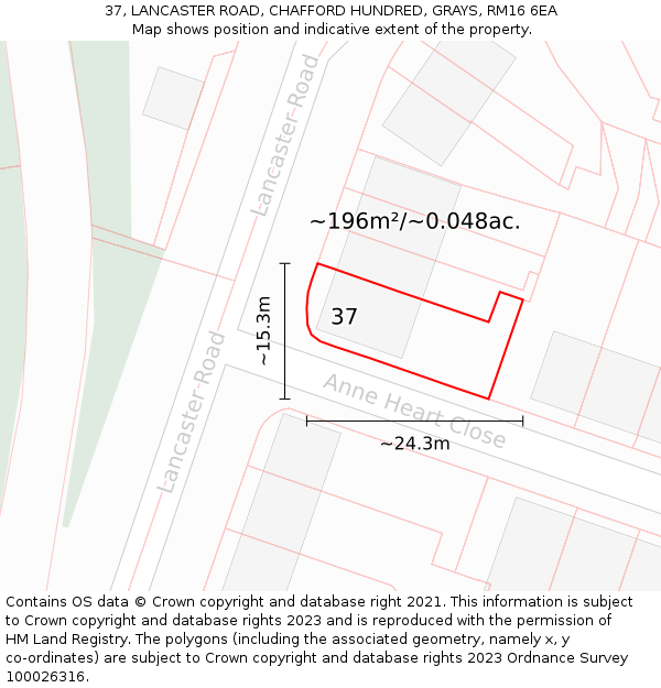 37, LANCASTER ROAD, CHAFFORD HUNDRED, GRAYS, RM16 6EA: Plot and title map