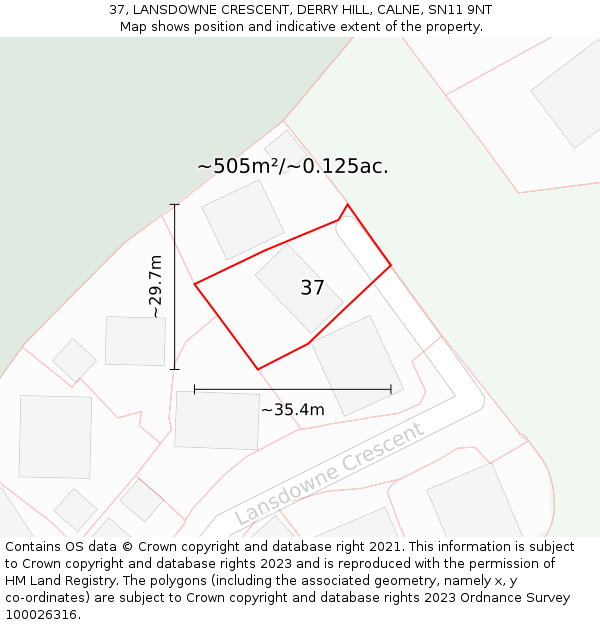 37, LANSDOWNE CRESCENT, DERRY HILL, CALNE, SN11 9NT: Plot and title map