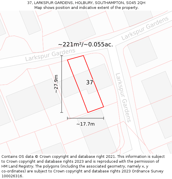 37, LARKSPUR GARDENS, HOLBURY, SOUTHAMPTON, SO45 2QH: Plot and title map