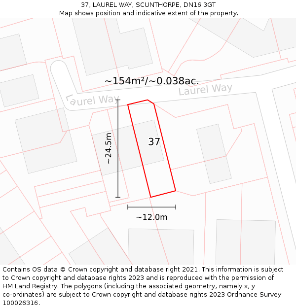 37, LAUREL WAY, SCUNTHORPE, DN16 3GT: Plot and title map