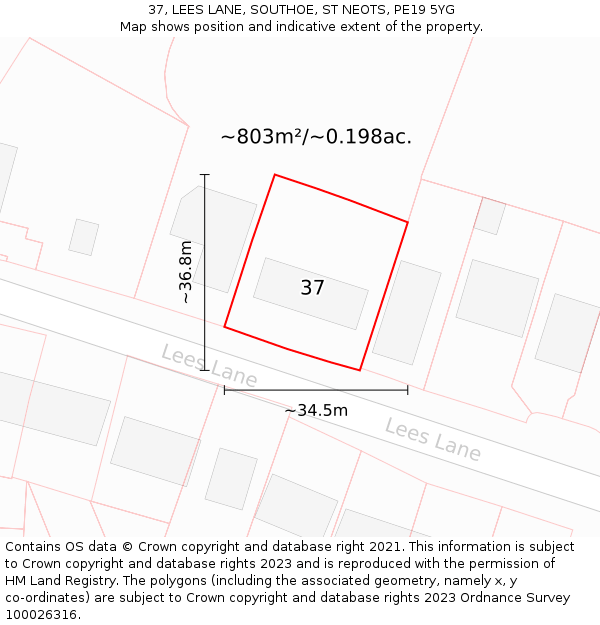 37, LEES LANE, SOUTHOE, ST NEOTS, PE19 5YG: Plot and title map