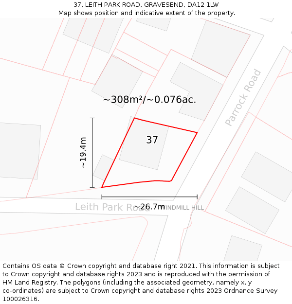 37, LEITH PARK ROAD, GRAVESEND, DA12 1LW: Plot and title map