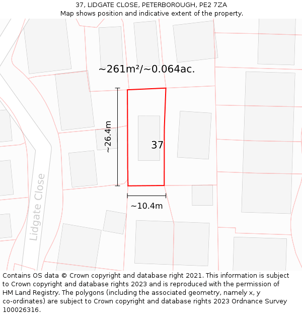 37, LIDGATE CLOSE, PETERBOROUGH, PE2 7ZA: Plot and title map