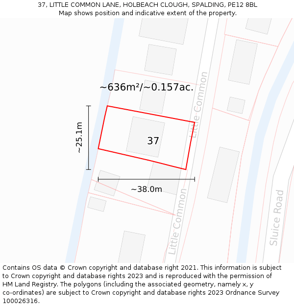 37, LITTLE COMMON LANE, HOLBEACH CLOUGH, SPALDING, PE12 8BL: Plot and title map