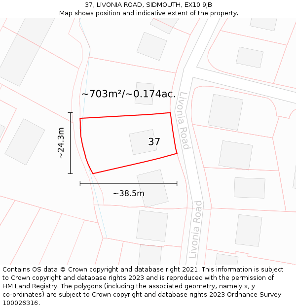 37, LIVONIA ROAD, SIDMOUTH, EX10 9JB: Plot and title map