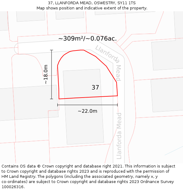 37, LLANFORDA MEAD, OSWESTRY, SY11 1TS: Plot and title map