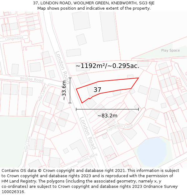 37, LONDON ROAD, WOOLMER GREEN, KNEBWORTH, SG3 6JE: Plot and title map