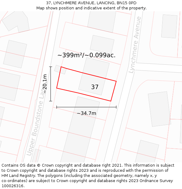 37, LYNCHMERE AVENUE, LANCING, BN15 0PD: Plot and title map