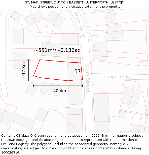 37, MAIN STREET, DUNTON BASSETT, LUTTERWORTH, LE17 5JN: Plot and title map