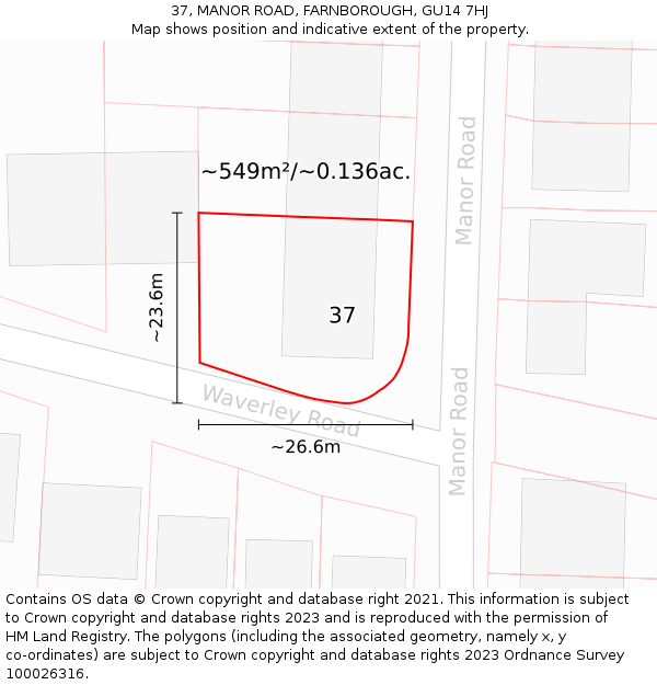 37, MANOR ROAD, FARNBOROUGH, GU14 7HJ: Plot and title map