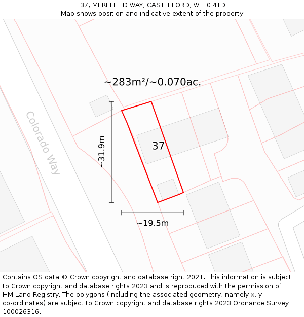 37, MEREFIELD WAY, CASTLEFORD, WF10 4TD: Plot and title map