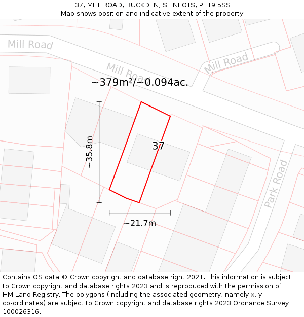 37, MILL ROAD, BUCKDEN, ST NEOTS, PE19 5SS: Plot and title map