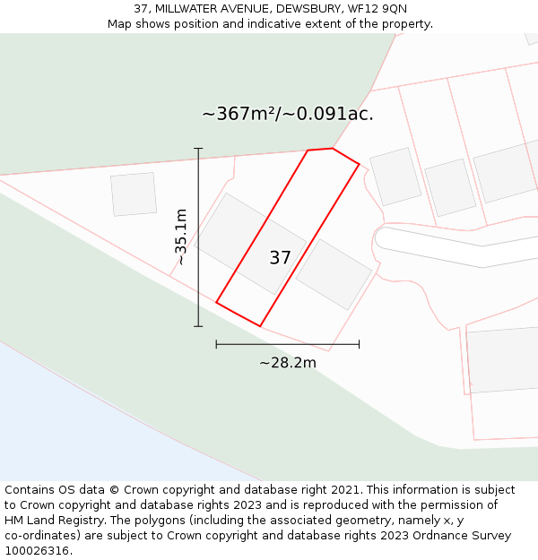 37, MILLWATER AVENUE, DEWSBURY, WF12 9QN: Plot and title map