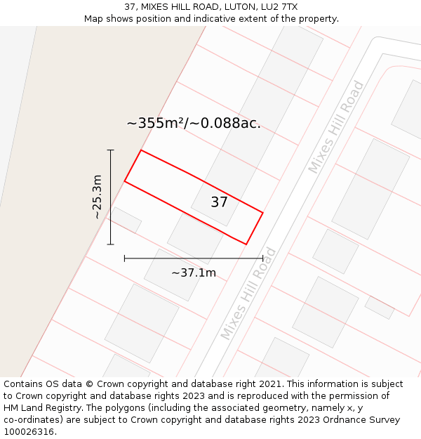 37, MIXES HILL ROAD, LUTON, LU2 7TX: Plot and title map