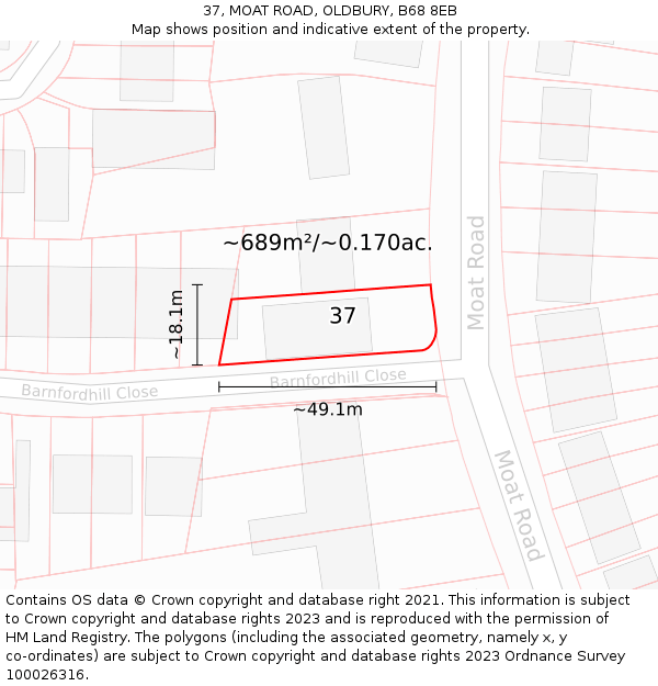 37, MOAT ROAD, OLDBURY, B68 8EB: Plot and title map