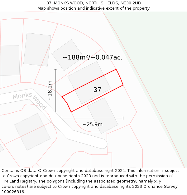 37, MONKS WOOD, NORTH SHIELDS, NE30 2UD: Plot and title map