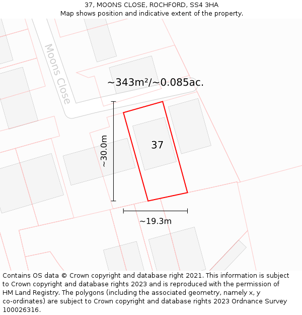 37, MOONS CLOSE, ROCHFORD, SS4 3HA: Plot and title map