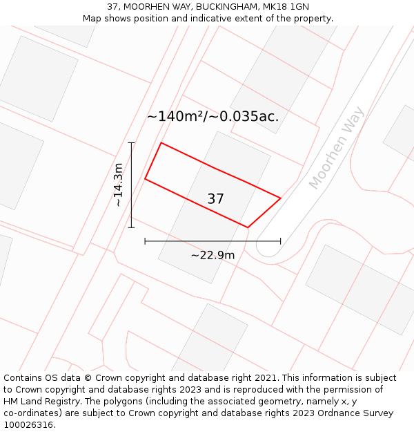 37, MOORHEN WAY, BUCKINGHAM, MK18 1GN: Plot and title map