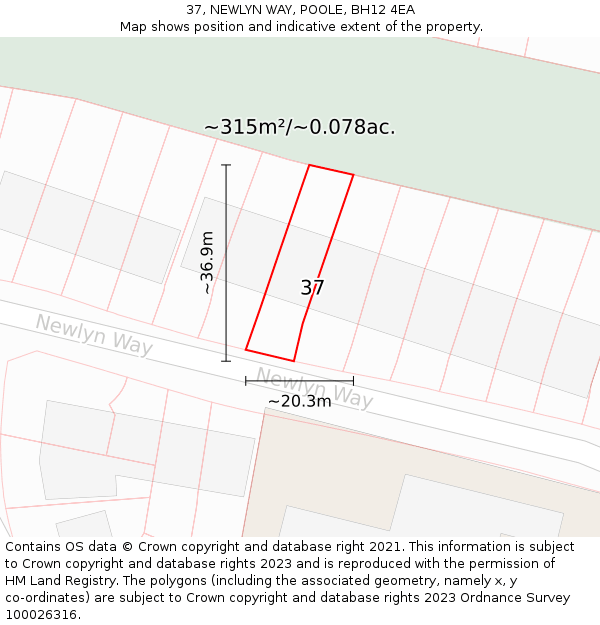 37, NEWLYN WAY, POOLE, BH12 4EA: Plot and title map