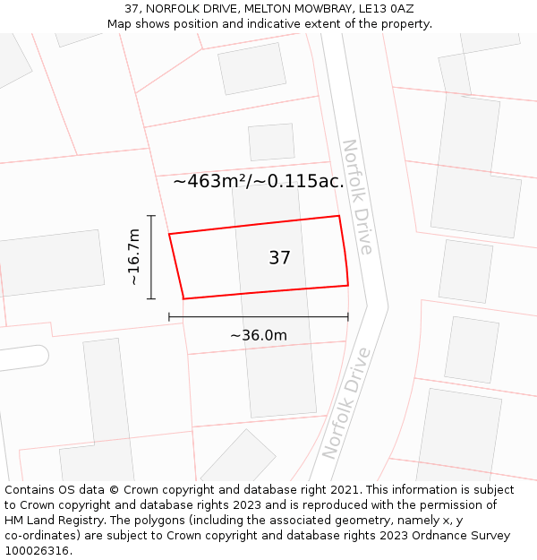 37, NORFOLK DRIVE, MELTON MOWBRAY, LE13 0AZ: Plot and title map