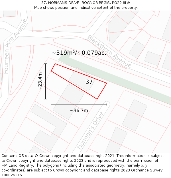 37, NORMANS DRIVE, BOGNOR REGIS, PO22 8LW: Plot and title map