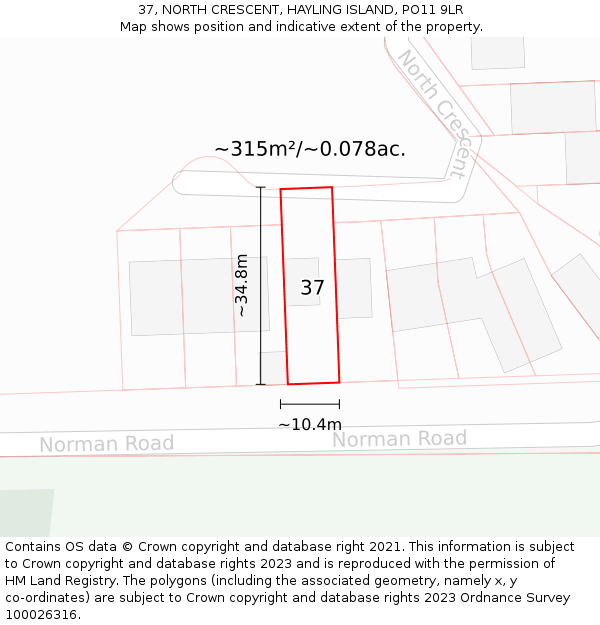 37, NORTH CRESCENT, HAYLING ISLAND, PO11 9LR: Plot and title map