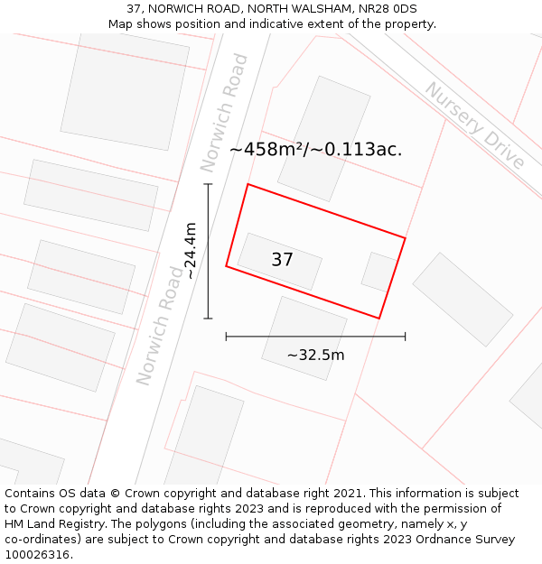 37, NORWICH ROAD, NORTH WALSHAM, NR28 0DS: Plot and title map