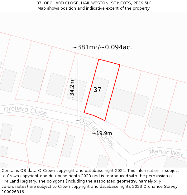 37, ORCHARD CLOSE, HAIL WESTON, ST NEOTS, PE19 5LF: Plot and title map