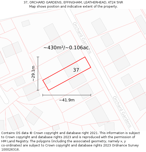 37, ORCHARD GARDENS, EFFINGHAM, LEATHERHEAD, KT24 5NR: Plot and title map