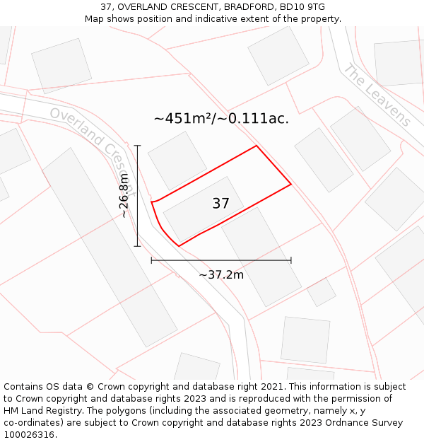 37, OVERLAND CRESCENT, BRADFORD, BD10 9TG: Plot and title map