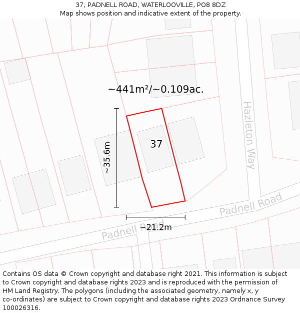 37, PADNELL ROAD, WATERLOOVILLE, PO8 8DZ: Plot and title map