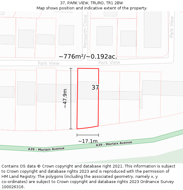 37, PARK VIEW, TRURO, TR1 2BW: Plot and title map