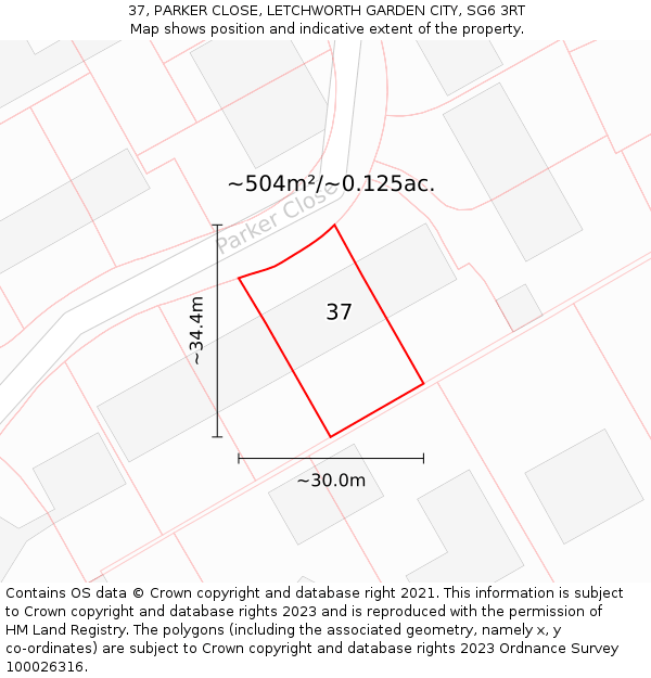 37, PARKER CLOSE, LETCHWORTH GARDEN CITY, SG6 3RT: Plot and title map