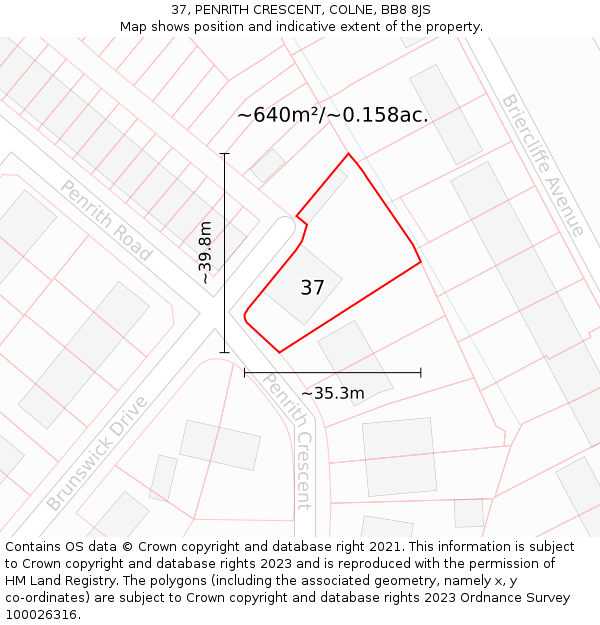 37, PENRITH CRESCENT, COLNE, BB8 8JS: Plot and title map