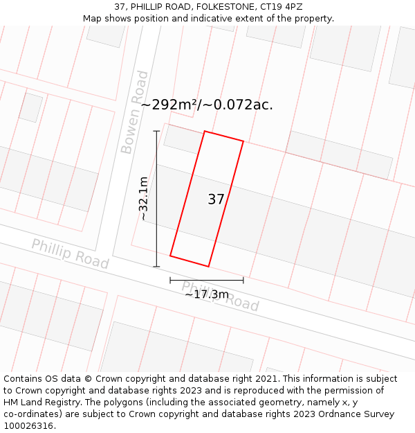 37, PHILLIP ROAD, FOLKESTONE, CT19 4PZ: Plot and title map